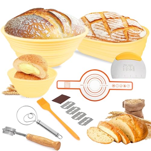 Gärkörbchen für Brot, Haomacro Sauerteig Starter Set Silikon, 3 Gärkorb 24cm and 13cm Runde, 26cm Oval, Brotbackzubehör Mit Bäckermesser, Dänischer Schneebesen, Teigschaber und Bratpinsel von Haomacro