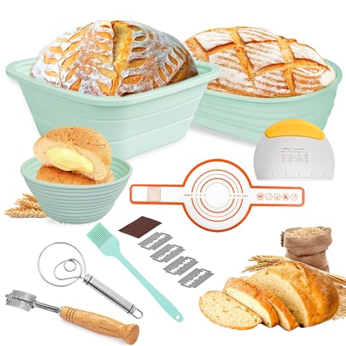 Haomacro Sauerteig Starter Set, Silikon Gärkörbchen für Brot, 3 Gärkorb Quadratische und Oval Runde Gärkorb Brot Backen Zubehör, Beinhaltet Bürste, Bäckermesser von Haomacro