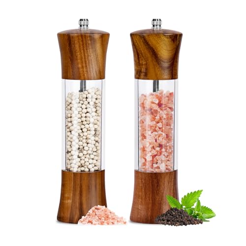 Salz und Pfeffermühle Holz 2er Set, Manuelle Mühlen Salzmühlen solide mit starken verstellbaren Keramikmühlen, Acryl Transparent Salz und Pfeffermühle Holz 2er Set, Manuelle Mühlen Salzmühlen solide mit starken verstellbaren Keramikmühlen, Acryl Transparent von Haomacro