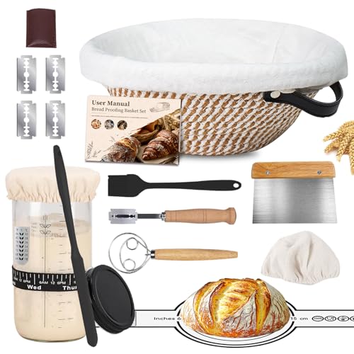Sauerteig Starter Set, 710ml Sauerteig Glas, Runde Gärkörbchen 25cm aus Baumwollseil, Gärkorb Brot mit Liner & Abdeckungen, Brot Backen Zubehör Komplettset Sauerteig Starter Set, 710ml Sauerteig Glas, Runde Gärkörbchen 25cm aus Baumwollseil, Gärkorb Brot mit Liner & Abdeckungen, Brot Backen Zubehör Komplettset von Haomacro