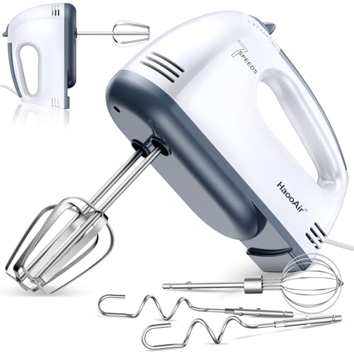 HaooAir Elektrischer Handmischer, 7-Geschwindigkeits kleiner Handmischer mit 304 Edelstahlschlägern, Teighaken & Whisk-Befestigung, 200W tragbarer Lebensmittelküchenmischer für Kuchen-Kekse-Creme von Haooair