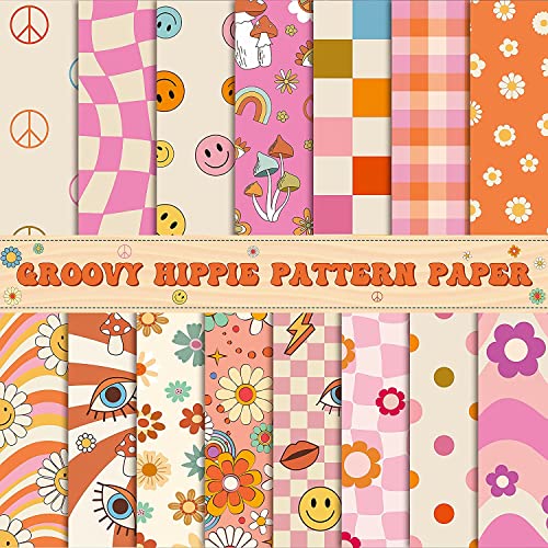 Haooryx 60Stück Groovy Hippie Plaid Papier für Kinder Retro Boho Scrapbook Spezialpapier 11 x11 Zoll Doppelseitige Blumen Kunst Handwerk Geschenkverpackungen Dekor Weihnachten Geburtstag Party Gunst von Haooryx