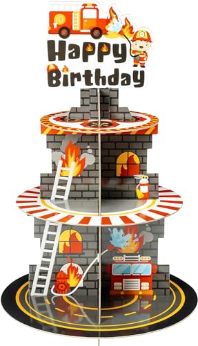 Haooryx Feuerwehrmann-Party-Dekoration, Cupcake-Ständer, 3 Etagen, Feuerwehrwagen, Cupcake-Turm, Karton, Happy Birthday, Dessert-Halter, Gebäckplatte für Kinder, Erwachsene, De, Dekoration von Haooryx