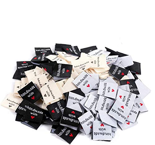 150 Stück Handmade Stoff Labels Tags Kleideretiketten Stoffetiketten Textiletiketten Handmade with Love für Klediung (Farbmischung) von Haosell