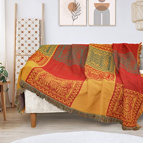 BCOTTOND Böhmische Überwürfe Decken Südwesten Navajo Bett Couch Dekorative Sofa Bunte dekorative Decken mit Quaste Strickdecken Tribal Muster Hippie Raumdekoration (177,8 x 127,8 cm, Gelb Orange) von BCOTTOND