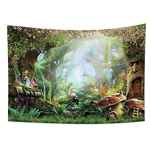 Haoyiyi 150x100cm Pilz Wald Wandteppich Elfen Häuschen Psychedelischer Wald Cartoon Wandbehang Blumen Zauberwald FrühlingsszeneWandteppich Abstrakt Wandkunst Spezielles Design für Schlafzimmerdekor von Haoyiyi