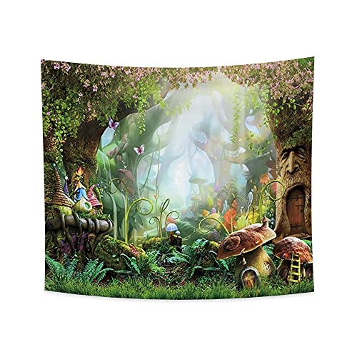 Haoyiyi 150x130cm Pilz Wald Wandteppich Elfen Häuschen Psychedelischer Wald Cartoon Wandbehang Blumen Zauberwald FrühlingsszeneWandteppich Abstrakt Wandkunst Spezielles Design für Schlafzimmerdekor von Haoyiyi