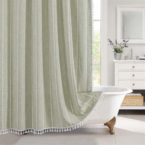 Haoyunll Wasserdicht Duschvorhang Textil Anti Schimmel kariertem Boho Landhausstil mit Quaste, Waschbar, Modern Duschvorhang mit Haken, Grün, 90x180cm von Haoyunll