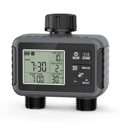 Haozee Bewässerungscomputer 2 Ausgänge, Gartenbewässerungstimer mit Regenverzögerung/Auto- und manuellem Modus, IPX5 wasserdicht/Großes LCD-Display Bewässerungssteuerung von Haozee