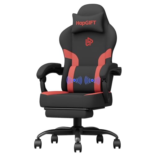 HapGIFT Gamer Stuhl, Ergonomischer Computerstuhl mit Massagefunktion, Technikstoff Gaming Stuhl mit Fußstütze, Kopfstütze, Höhenverstellbar Gamer Sessel mit Lendenwirbelstütze, 150 kg, Schwarz-Rot von HapGIFTㅤ