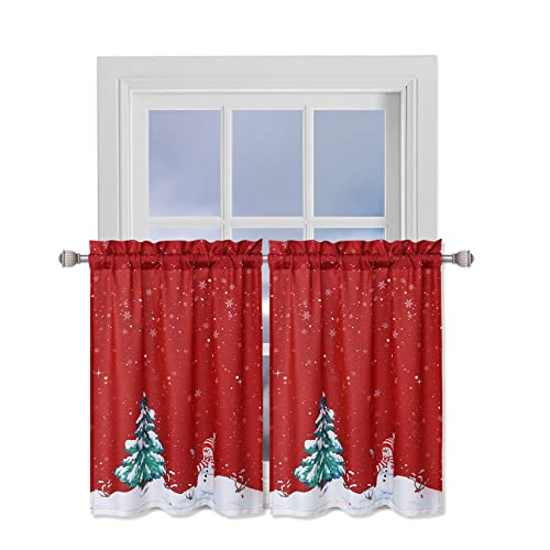 Haperlare 2 Stück Weihnachts-Fenster-Schneemann mit Weihnachtsbaum, Gardinenstange, Tasche, kurze Vorhänge, weiße Schneeflocke in Rot, waschbare Vorhänge für Küche, Schlafzimmer, 68.6x76.2 cm von Haperlare