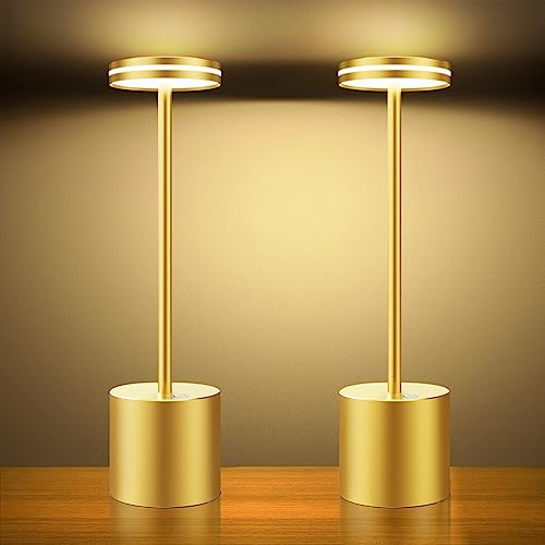 Hapfish 2 Stück LED Akku Tischlampe Kabellos, 5000mAh Moderne Dimmbar Tischleuchte, Aluminium, 3 Farbtemperatur, Tischlampen Aufladbar für Indoor Outdoor Nachttisch Esstisch Bar Terrasse (Gold) von Hapfish