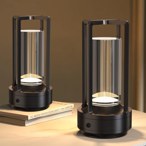Hapfish LED Tischlampe Kabellos Aufladbar 2er Set, Moderne Kristall Tischleuchte Akku, Aluminium Wasserdicht mit Griff, Tischlampen Dimmbar für Restaurant Outdoor Nachttisch Wohnzimmer- Schwarz von Hapfish