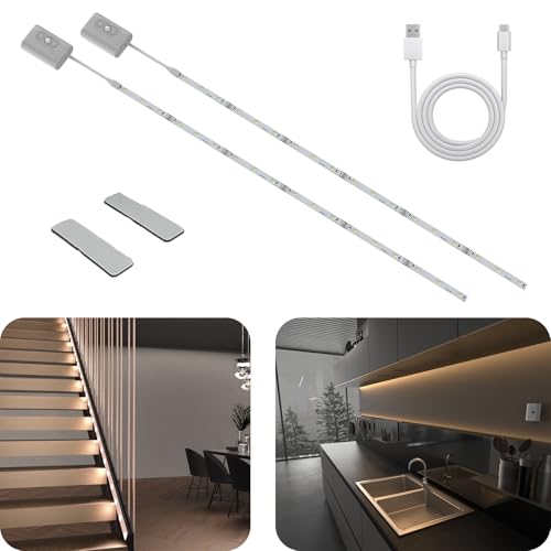 Hapfish LED Strip Batterie mit Bewegungsmelder, 2 Stück 2m LED Streifen Batteriebetrieben, 3 Farbtemperatur, 2000mAh LED Band Lichtleiste für Treppenlicht Küche Schrank Indirekte Beleuchtung von Hapfish