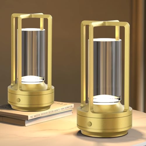 Hapfish LED Tischlampe Kabellos Aufladbar 2er Set, Moderne Kristall Tischleuchte Akku, Aluminium Wasserdicht mit Griff, Tischlampen Dimmbar für Restaurant Outdoor Nachttisch Wohnzimmer - Gold von Hapfish