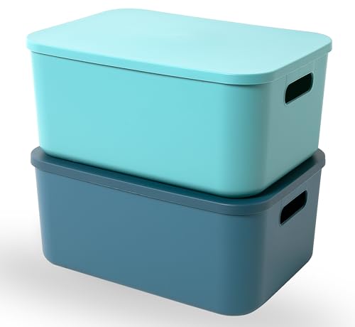 HapiLeap Aufbewahrungsbox mit Deckel, Stapelbare Aufbewahrungsbehälter mit Deckel Boxen Aufbewahrung für Regale, Küche, Badezimmer, Büro, Kinderzimmer 36x 26 x 16cm (Medium (Blue+Green)) von HapiLeap