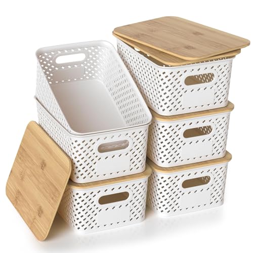 HapiLeap Kunststoff-Speicher-Körbe mit Bambus-Deckel, stapelbare Kunststoff-Speicher-Boxen für die Organisation Vorratskammer Regale Schubladen Desktop Schrank Spielzimmer Klassenzimmer Büro (Weiß) HapiLeap Kunststoff-Speicher-Körbe mit Bambus-Deckel, stapelbare Kunststoff-Speicher-Boxen für die Organisation Vorratskammer Regale Schubladen Desktop Schrank Spielzimmer Klassenzimmer Büro (Weiß) von HapiLeap