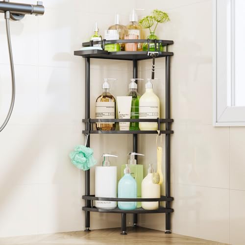 HapiRm Duschablage ohne Bohren Ecke - 3 Stück Duschregal Stehend Duschregal Ohne Bohren mit Aufbewahrungsbox & 4 Haken, Freistehendes Badezimmerregal Duschkorb für Badezimmer Shampoo & Duschgel von HapiRm