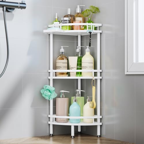 HapiRm Duschablage ohne Bohren Ecke - 3 Stück Duschregal Ohne Bohren mit Aufbewahrungsbox & 4 Haken, Edelstahl Freistehendes Badezimmerregal Duschkorb für Badezimmer Shampoo und Duschgel von HapiRm