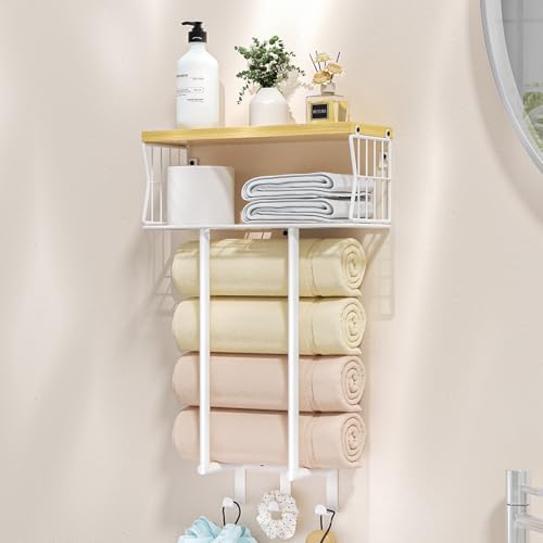 HapiRm Handtuchhalter Wand Montage - Handtuchregal Badezimmer Multifunktionales platzsparendes Modell mit Haken für Badezimmerzubehör, Geeignet als Gästehandtuchhalter - Weiß von HapiRm