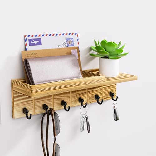 HapiRm Schlüsselbrett Holz - Schlüsselhalter für die Wand, Schlüsselhaken Wandmontiert mit 6 Haken, Schlüsselbrett mit Ablage für Briefe, Telefon und Dekorationen für Flur, Büro - Braun 32x9x9cm von HapiRm
