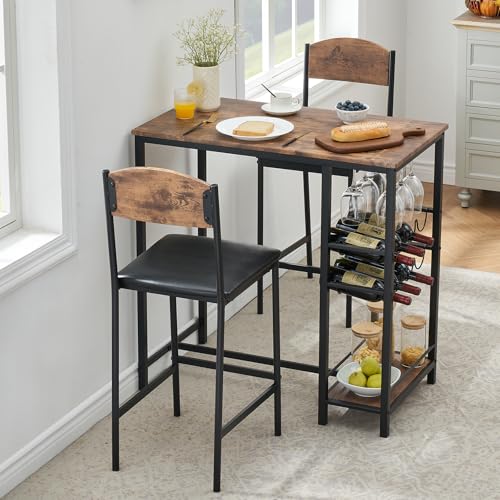 Bartisch Set 3-Teilig mit 2 Barhockern, Esstisch Küche Industriedesign mit Weinregal & Glashalter, Küchentisch mit 2 Stühlen & Stauraum, Platzsparend für Küche, Esszimmer, Wohnung, Bar 92x50x92cm-Vint von Hapihom