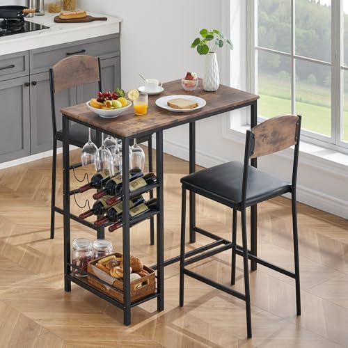 Bartisch mit Barhocker Set, Bartisch Set 3-Teilig Mit 2 Gepolsterten Stühlen, Esstisch mit Seitenregalen, 2 Weinregal & Glashalter, Essgruppe im Industriedesign für 2 Personen Küche, Esszimmer von Hapihom
