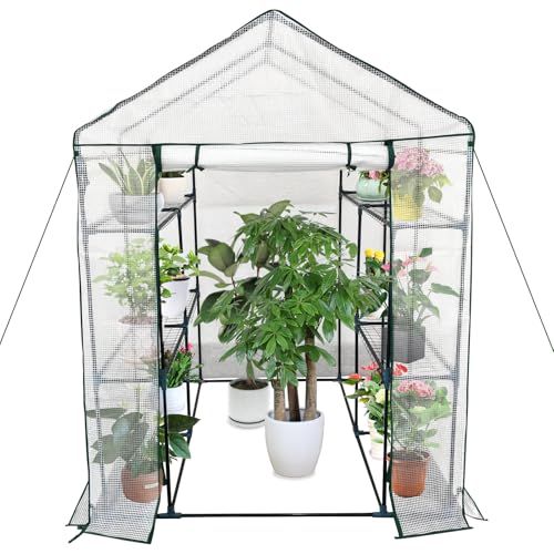 Begehbares Gewächshaus für den Außenbereich, 145 x 145 x193 cm, 3 Ebenen, 6 Regale, Gewächshaus-Set mit Türankern mit Reißverschluss und Seilen für Garten, Terrasse, Hinterhof von Hapihom
