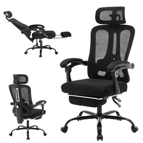 Bürostuhl Ergonomisch, Schreibtischstuhl mit Verstellbarer Kopfstütze, Lendenwirbelstütze, dickem kissen & Klappbaren Armlehnen Computerstuhl, Höhenverstellung Netz-Chefsessel Drehstuhl Bis 150kg von Hapihom