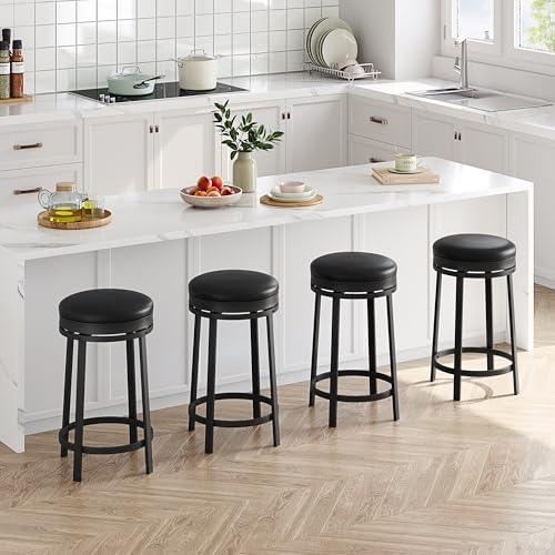 Drehbare Barhocker, 4er Set Barstühle, 61cm hoch Küchenthekenhocker mit Kunstledersitz und stabilem Metallrahmen, Hocker für Bartisch, Küchenstühle mit Metallgestell mit Fußstütze, Ohne Lehne - Schwar von Hapihom