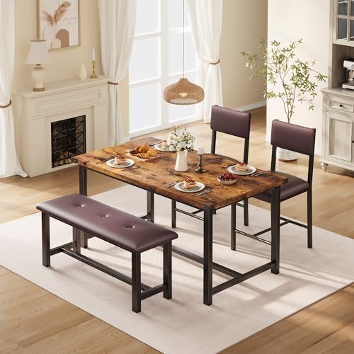 Esstisch mit 2 Stühlen, Bank, Rechteckig Essgruppe 4-teilig, Esszimmergruppe mit Kunstleder Stuhl & Holz Esstisch, Platzsparende Küchentisch Set für kleine Räume, Esszimmer, Wohnzimmer 113x70x75cm-Bra von Hapihom