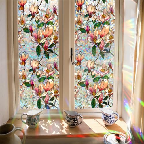 Fensterfolie, Blickdicht Selbsthaftende Sichtschuzfolie, 43 x 100 cm Bunt Statische Folie, Keine Klebeverbindung 3D Regenbogen Folie Fenster, Anti-UV Regenbogen Optik mit Bunte Pflanzen und Blum Motiv Fensterfolie, Blickdicht Selbsthaftende Sichtschuzfolie, 43 x 100 cm Bunt Statische Folie, Keine Klebeverbindung 3D Regenbogen Folie Fenster, Anti-UV Regenbogen Optik mit Bunte Pflanzen und Blum Motiv von Hapihom