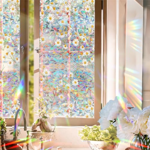 Fensterfolie, Blickdicht Selbsthaftende Sichtschuzfolie, 43 x 200 cm Bunt Statische Folie, Keine Klebeverbindung 3D Regenbogen Folie Fenster, Anti-UV Regenbogen Optik mit Gänseblümchen Motiv von Hapihom
