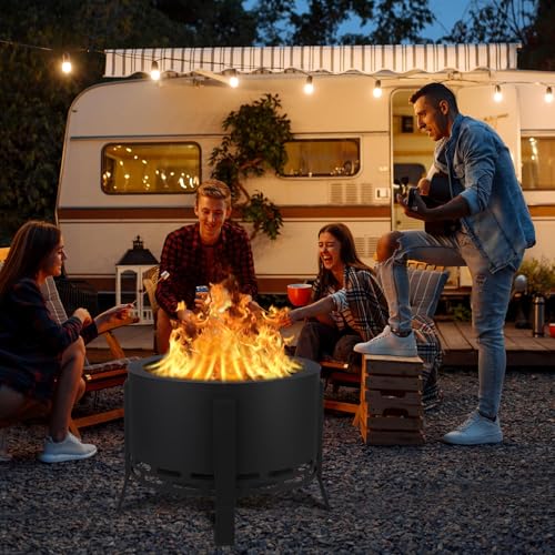 Feuerschale, Ø66cm Feuerkorb mit Staubbeutel, Groß Feuertonne für den Garten mit Schürhaken, Solide und Stabil, Holz & Kohle Feuerstelle inkl Abnehmbare Aschepfanne für Outdoor BBQ Heizung 66x66x51cm von Hapihom