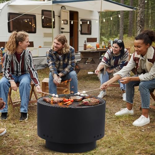 Feuerschale mit Grillrost, Ø60cm Feuerkorb mit Funkenschutz, Groß Feuertonne für den Garten mit Schürhaken & Tragetasche, Solide Holz & Kohle Feuerstelle inkl. für Outdoor BBQ Heizung 66x66x60cm von Hapihom