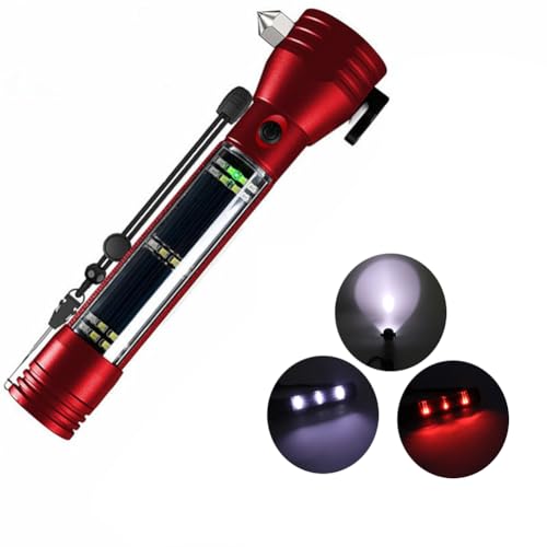 Hapihom 10-in-1-Multifunktions-Taschenlampe, Auto-Taschenlampen für Notfälle mit Glasbrecher-Sicherheitsgurtschneider, Multifunktions-Solar-Taschenlampe mit 7 Modi, Auto LED Taschenlampe Rot von Hapihom
