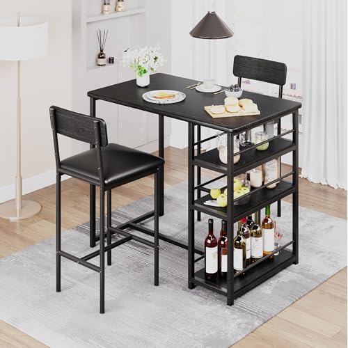 Hapihom Bartisch Set 3-Teilig, Bistrotisch Set mit Metallgestell, 2 Personen Bartisch Set mit 2 Gepolsterten Stühlen & 3 Ablagen, Esstisch Set für Wohnzimmer, Esszimmer und Küche - B von Hapihom