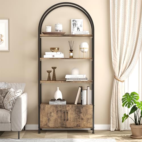 Hapihom Bücherregal 5 Ebenen, Bogenförmig Regal mit Türen, Standregal Metallstruktur, Bücherschrank für Wohnzimmer Schlafzimmer Arbeitszimmer Büro 80 x 28 x 182cm - Braun von Hapihom