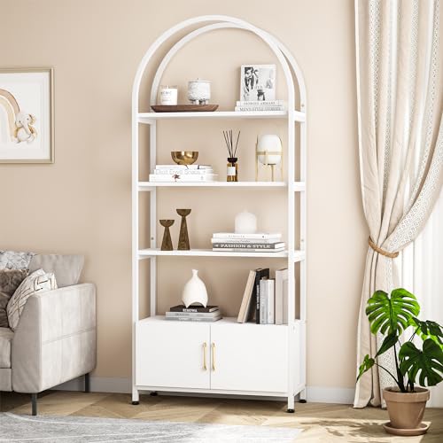 Hapihom Bücherregal 5 Ebenen, Bogenförmig Regal mit Türen, Standregal Metallstruktur, Bücherschrank für Wohnzimmer Schlafzimmer Arbeitszimmer Büro 80 x 28 x 182cm - Weiß von Hapihom