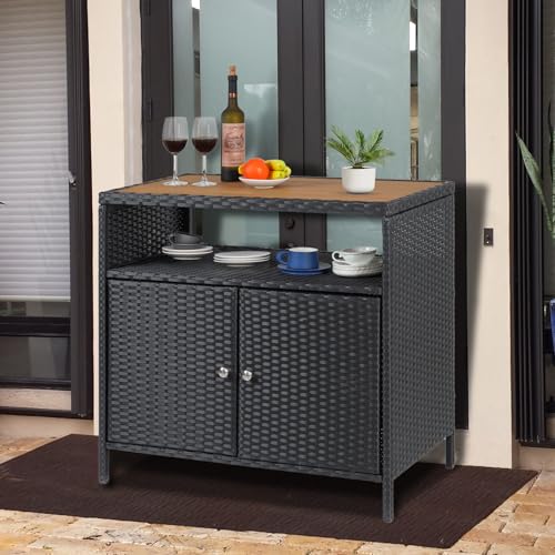 Hapihom Gartenschrank Rattan, Aufbewahrungsschrank mit Doppeltüren, Holz Arbeitsplatte & offenes Regal, Beistellschrank Buffetschrank für Garten, Terrasse, Balkon, Pool, Wohnzimmer 90x53x85cm - Braun Hapihom Gartenschrank Rattan, Aufbewahrungsschrank mit Doppeltüren, Holz Arbeitsplatte & offenes Regal, Beistellschrank Buffetschrank für Garten, Terrasse, Balkon, Pool, Wohnzimmer 90x53x85cm - Braun von Hapihom