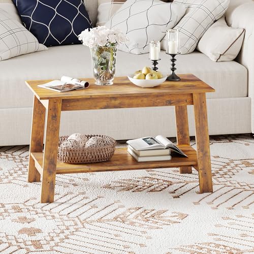 Hapihom Kleiner Couchtisch Fürs Wohnzimmer, Wohnzimmertisch 2 Ebenen Mit Stauraum, Rustikales Design Coffee Table Aus Holz Mit Ablage, Für Kleine Räume, Wohnzimmer, Balkon, Büro 80 x 39 x 48 cm - A von Hapihom