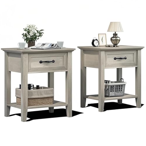 Hapihom Nachttisch 2er Set mit Schubladen & Ablagefach (50x40x60 cm) - Moderner Nachtschrank aus Holz für Schlafzimmer & Wohnzimmer, Einfach Montierbar, Weiß/Holzfarben - Grau von Hapihom