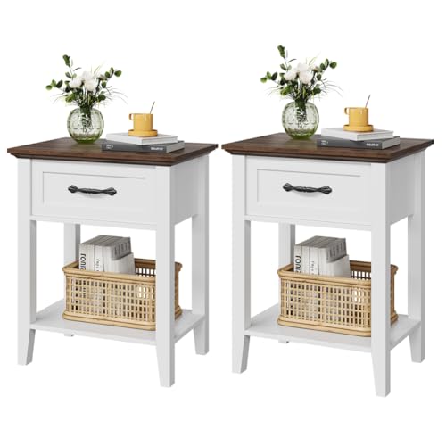 Hapihom Nachttisch 2er Set mit Schubladen & Ablagefach (50x40x60 cm) - Moderner Nachtschrank aus Holz für Schlafzimmer & Wohnzimmer, Einfach Montierbar, Weiß/Holzfarben - Kontrastfarbe von Hapihom