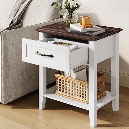 Hapihom Nachttisch mit Schubladen & Ablagefach (50x40x60 cm) - Moderner Nachtschrank aus Holz für Schlafzimmer & Wohnzimmer, Einfach Montierbar, Weiß/Holzfarben - Kontrastfarbe von Hapihom