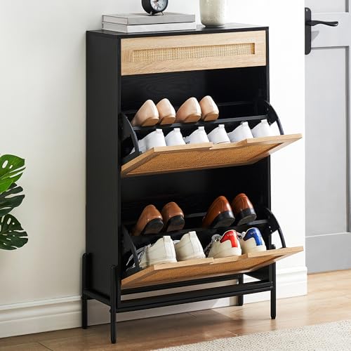 Hapihom Rattan Schuhschrank mit 2 Klappen, Schuhregal mit Metallfüßen 12 Paar Stauraum, Schmaler Schuhkommode Anti-Kipp, Holz Schuhaufbewahrung für Flure, Eingang 61 x 24 x 102 cm von Hapihom