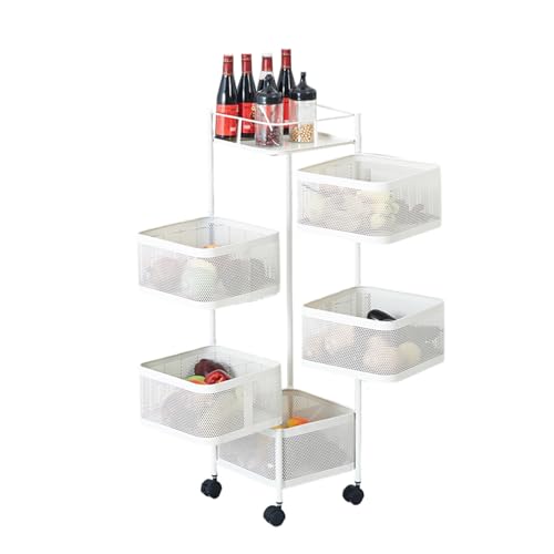 Hapihom Rollwagen Steigen mit 5 Ebenen, Universal Regal Küchenwagen mit 360° Rädern, Drehbares Obstkorb aus Kohlenstoffstahl, Gemüseregal mehrlagiges Küchenregal für Küche Büro Bad Wohnzimmer - Weiß von Hapihom