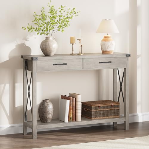 Hapihom Schmaler Konsolentisch, Flurtisch mit 2 Schubladen und Regalfach, 110x30x80cm moderner Couchtisch Holz mit Kippschutz, für Eingang Flur Wohnzimmer Schlafzimmer - Grey von Hapihom