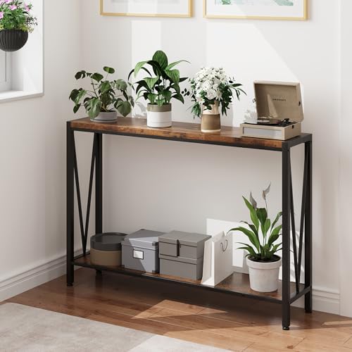 Konsolentisch Schmaler, Beistelltisch mit Ablage Stauraum, Kompakter Flurtisch aus Holz Regal & Metall Rahmen, Einfachmontage Sofatisch für Eingangsbereich, Wohnzimmer, Flur 110x25x76 cm - Braun von Hapihom