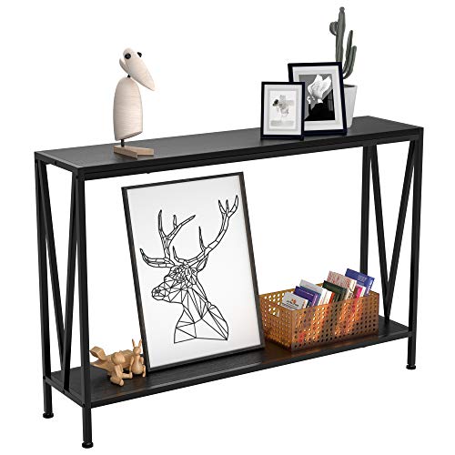 Konsolentisch Schmaler, Beistelltisch mit Ablage Stauraum, Kompakter Flurtisch aus Holz Regal & Metall Rahmen, Einfachmontage Sofatisch für Eingangsbereich, Wohnzimmer, Flur 110x25x76 cm - Schwarz von Hapihom