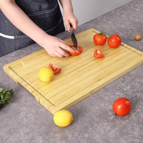 Schneidebrett Holz, 51x36x2cm Groß Bambus Küchenbrett mit Griffen und tiefe Saftrille, Messerfreundliches Küchenbrett, rechteckig beidseitig verwendbar Tranchierbrett für Fleisch, Gemüse & Brot von Hapihom